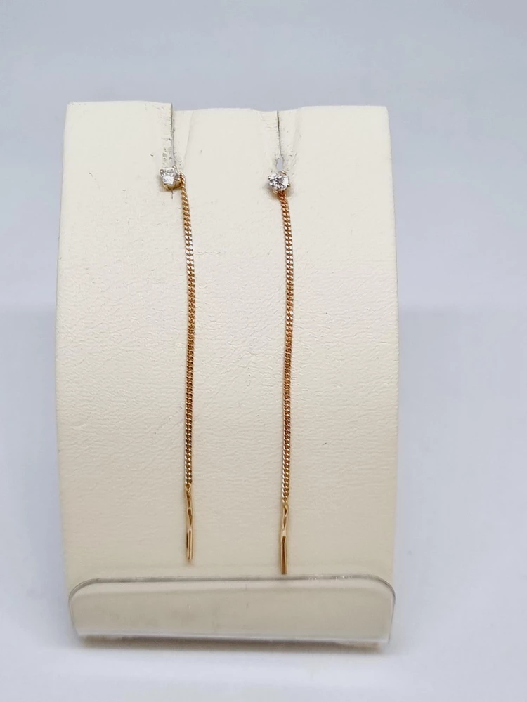 Серьги-продевки с фианитом из красного золота 585 пробы