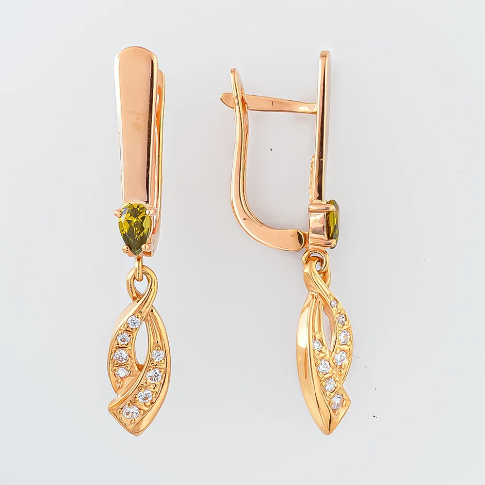Серьги с хризолитом из красного золота 585 пробы