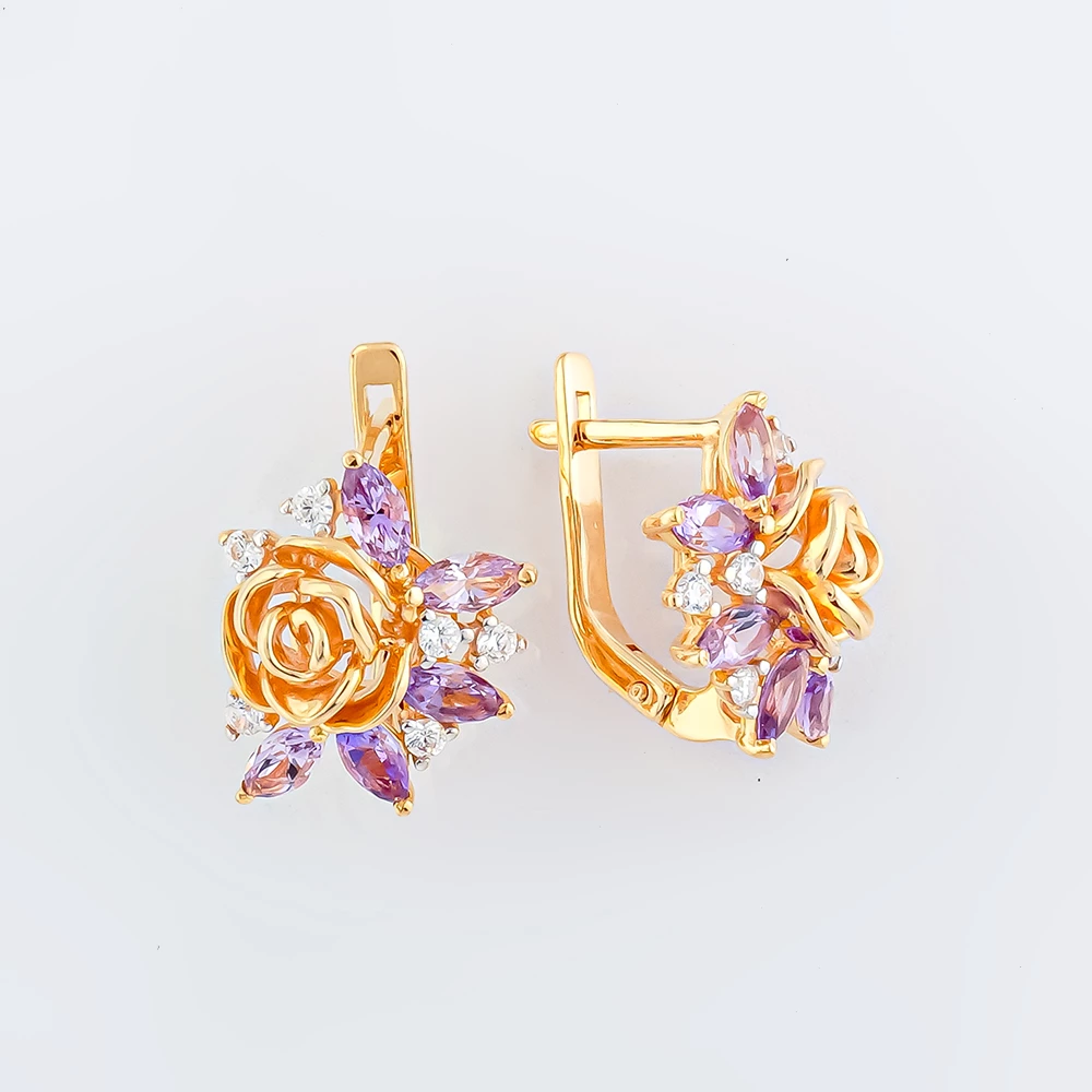 Серьги с аметистом из красного золота 585 пробы