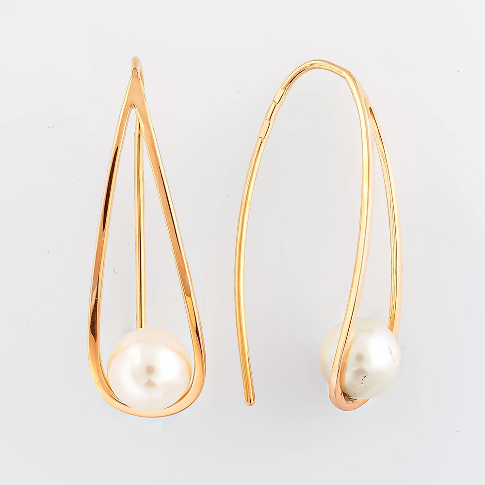 Серьги-продевки с культивированным жемчугом из красного золота 585 пробы