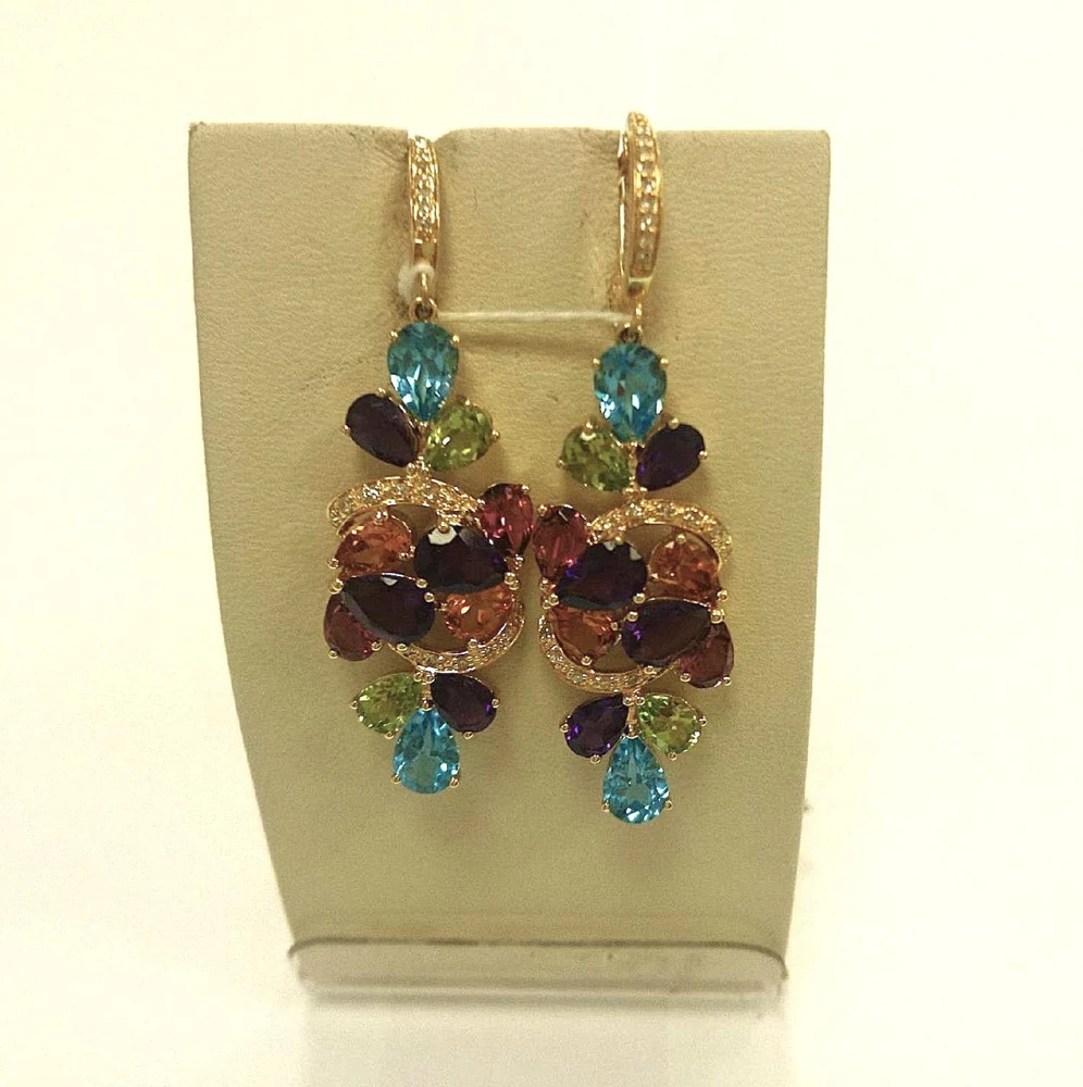 Серьги с родолитом из желтого золота 585 пробы