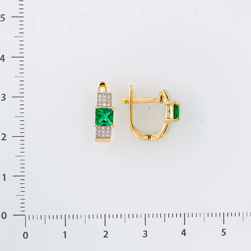 Серьги с изумрудом синтетическим из желтого золота 585 пробы