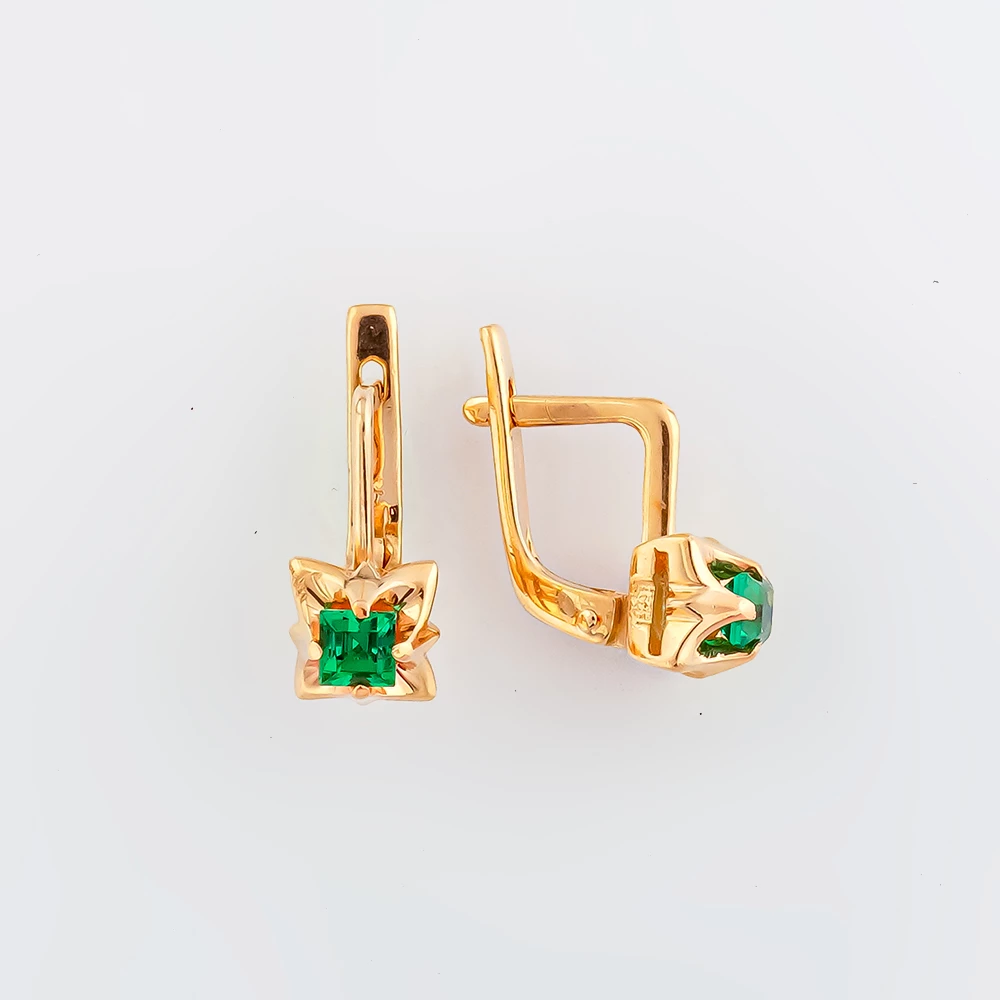 Серьги с изумрудом синтетическим из красного золота 585 пробы