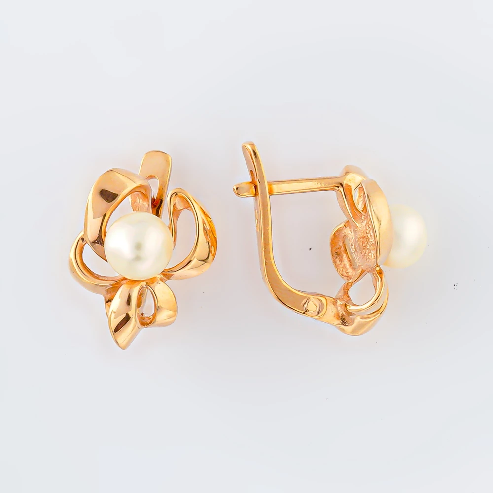 Серьги с культивированным жемчугом из красного золота 585 пробы