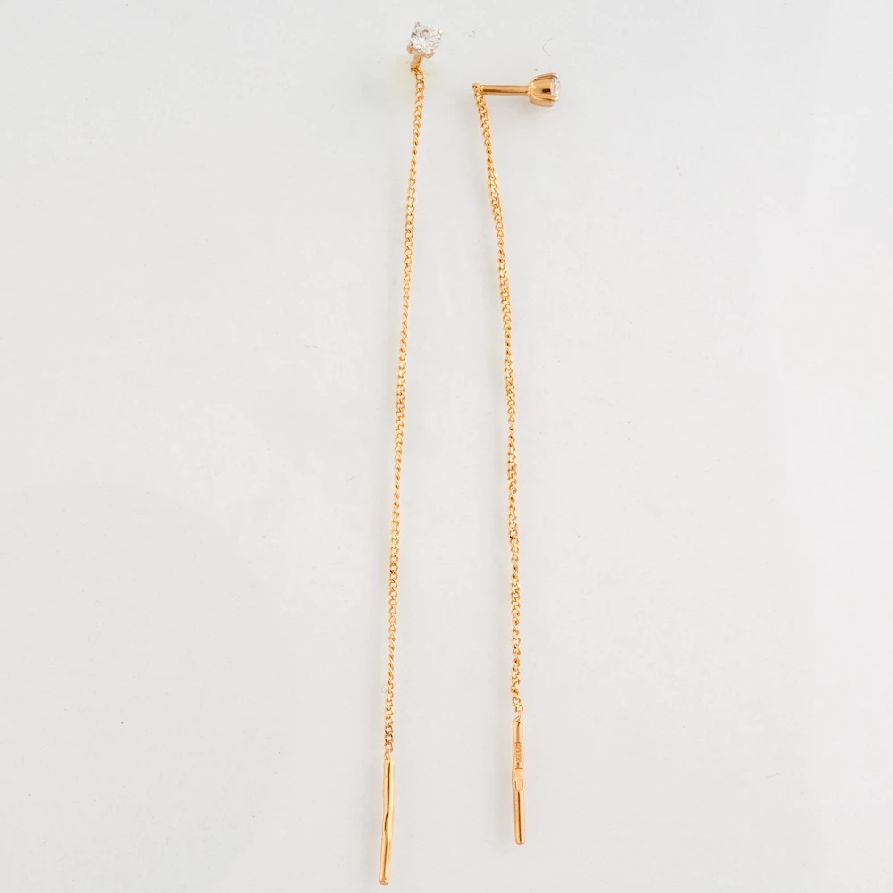 Серьги-продевки с фианитом из красного золота 585 пробы