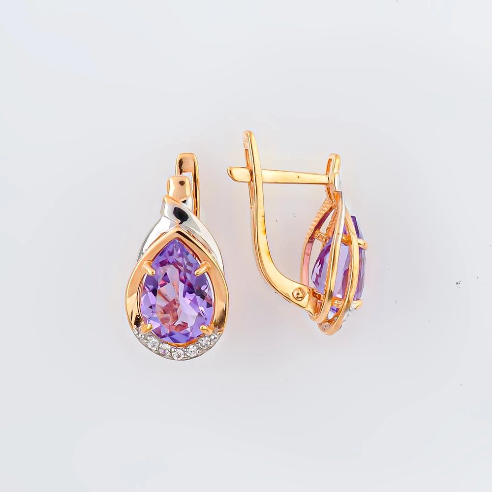 Серьги с аметистом из красного золота 585 пробы
