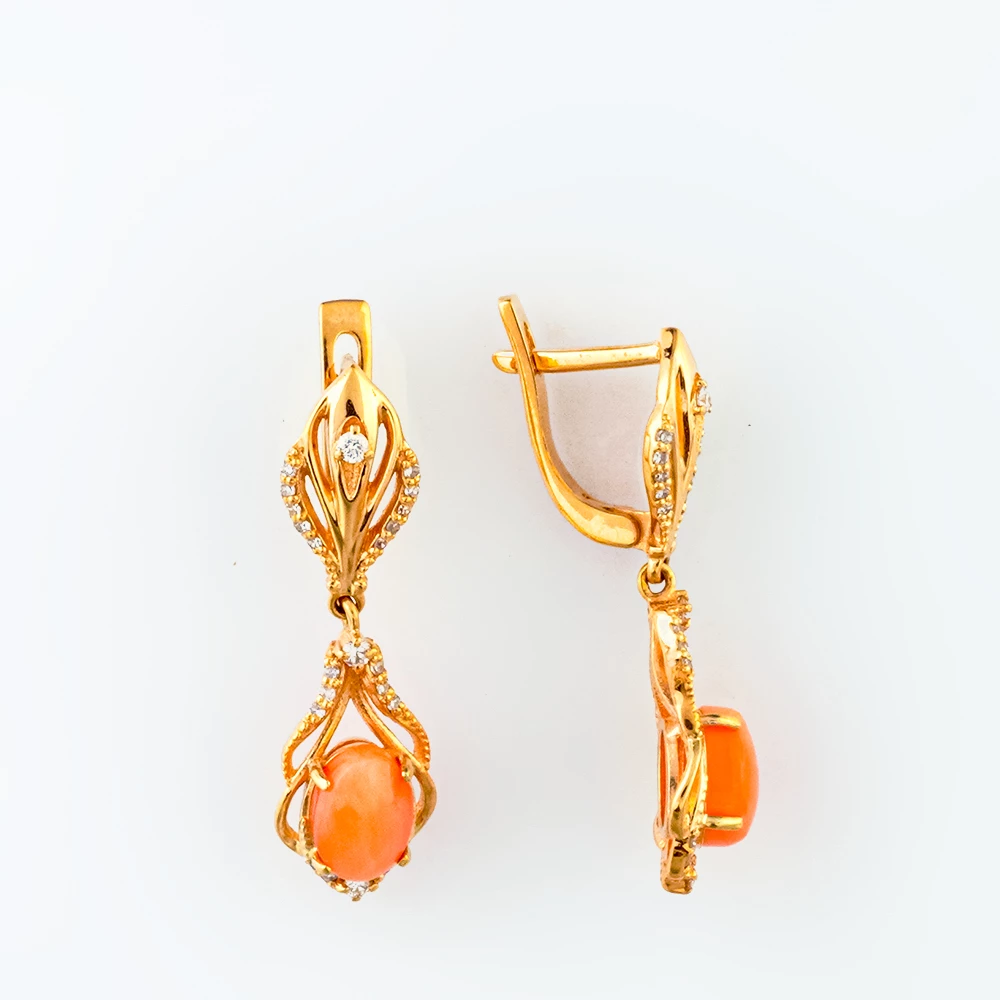 Серьги с кораллом из красного золота 585 пробы