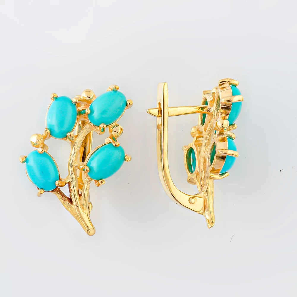 Серьги с бирюзой синтетической из желтого золота 585 пробы