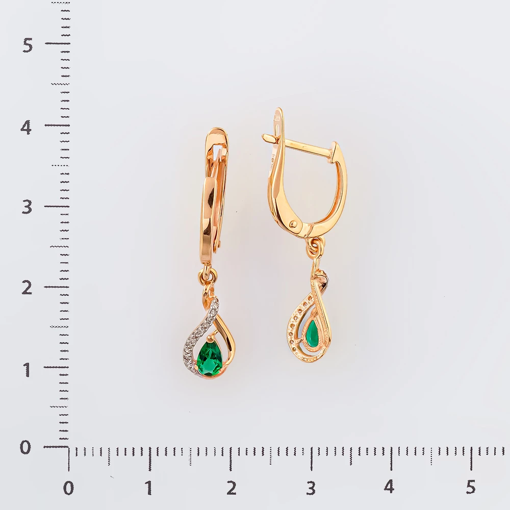 Серьги с изумрудом синтетическим из красного золота 585 пробы