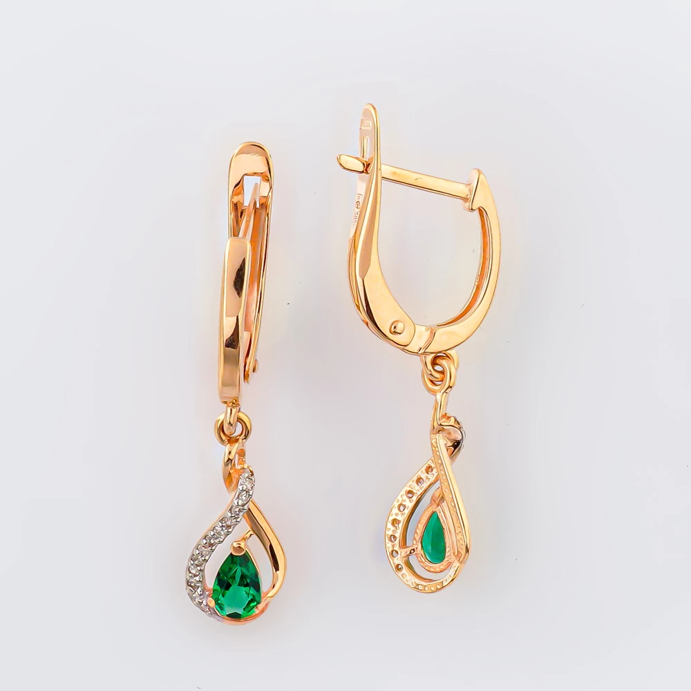 Серьги с изумрудом синтетическим из красного золота 585 пробы