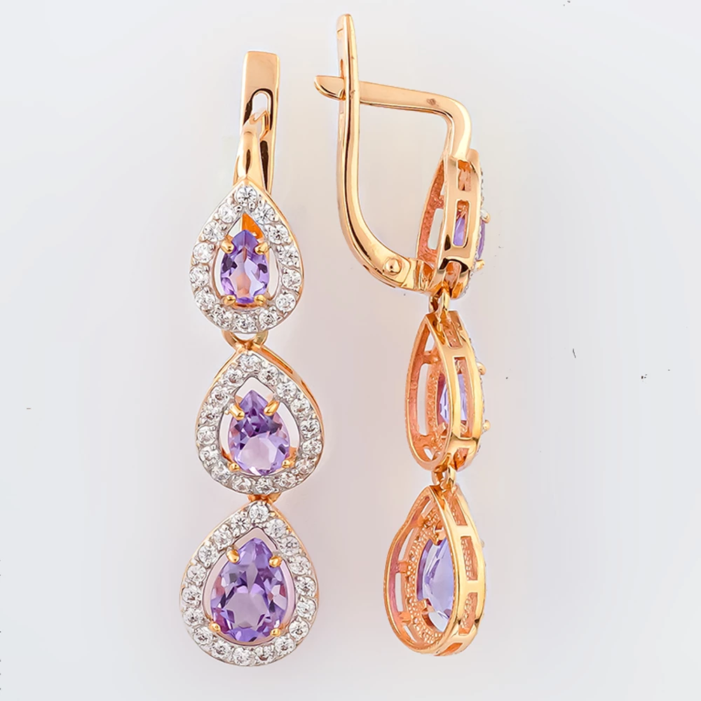 Серьги с аметистом из красного золота 585 пробы