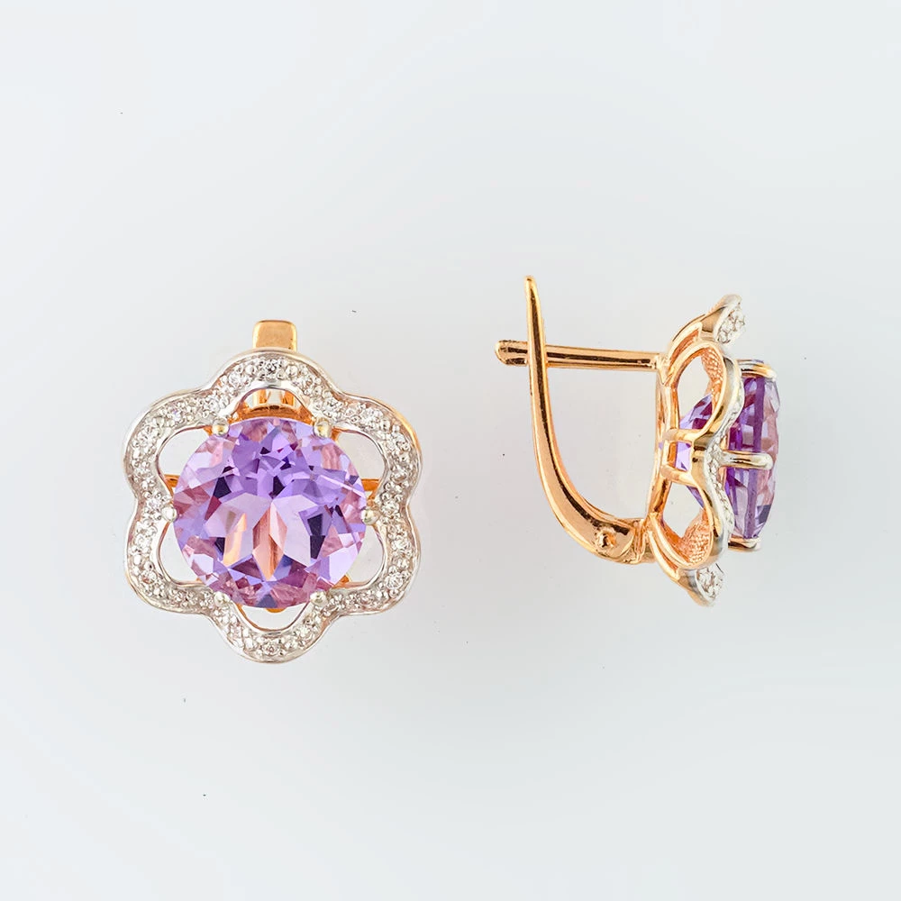 Серьги с аметистом из красного золота 585 пробы