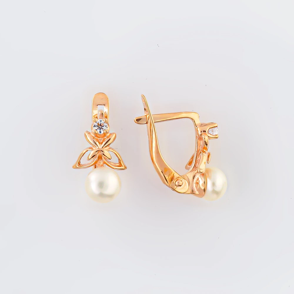 Серьги с культивированным жемчугом из красного золота 585 пробы