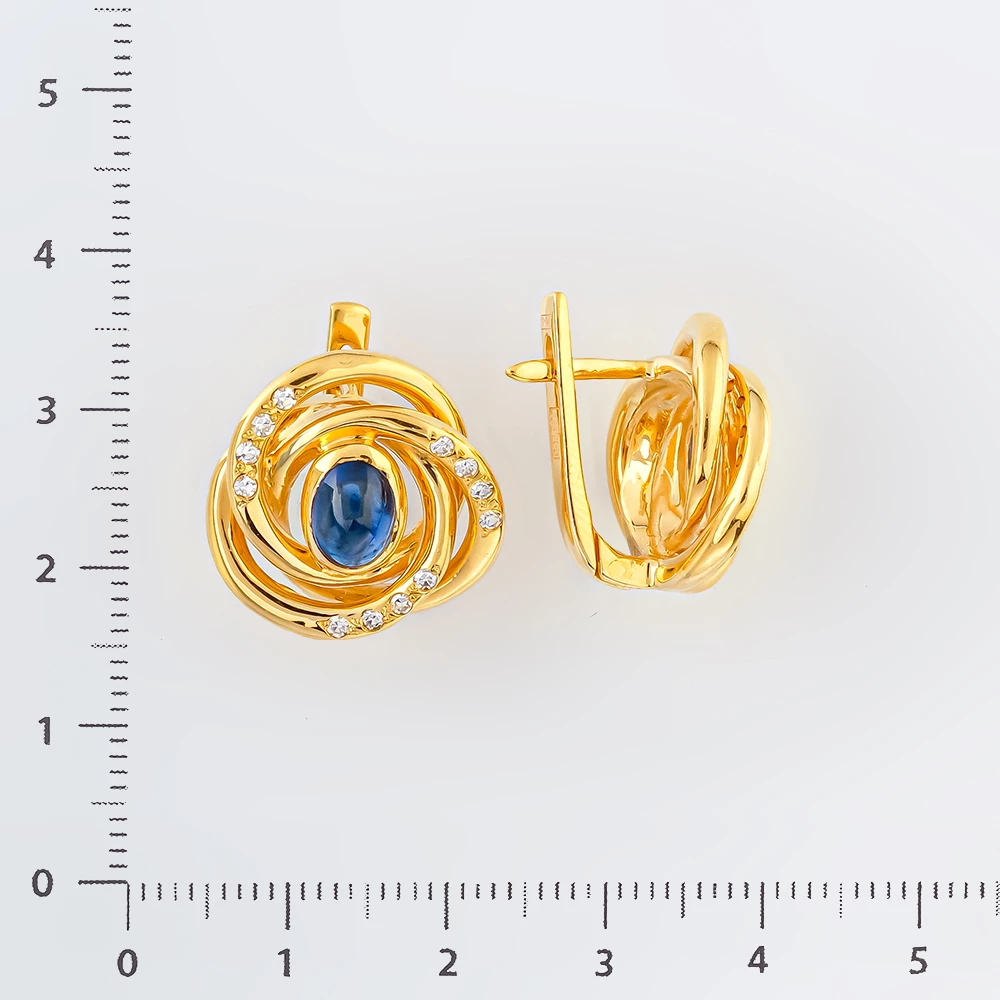 Серьги с сапфиром синтетическим из желтого золота 750 пробы