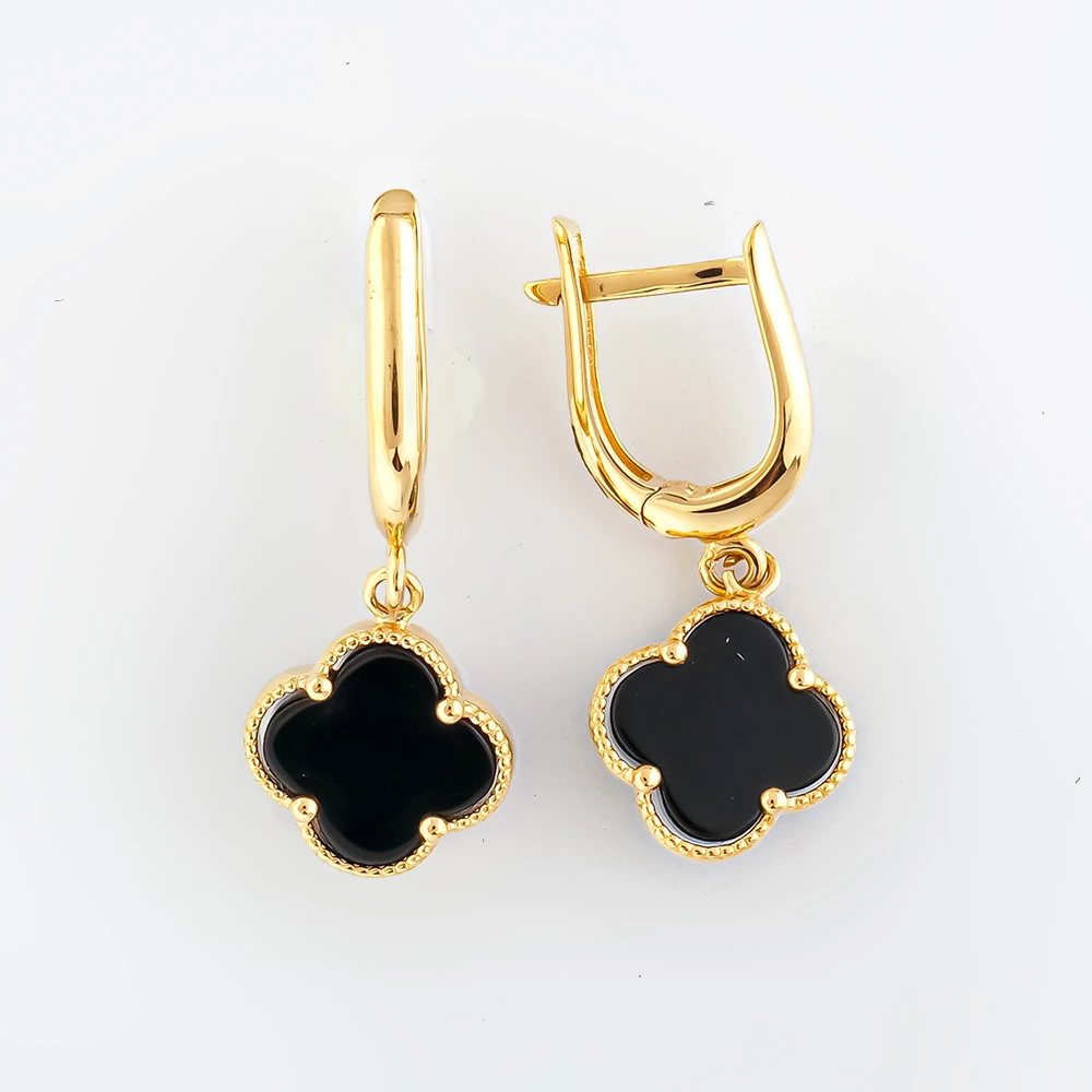 Серьги с ониксом из желтого золота 585 пробы