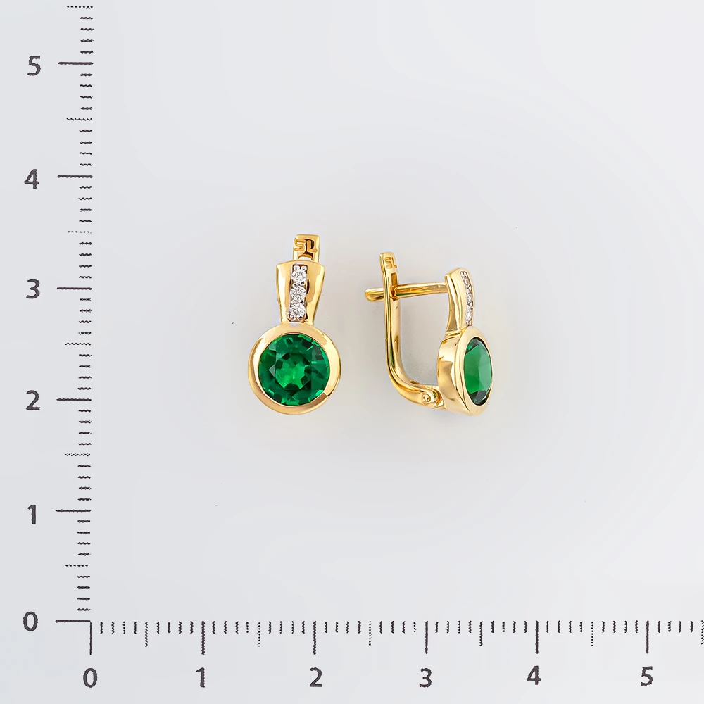 Серьги с изумрудом синтетическим из желтого золота 585 пробы