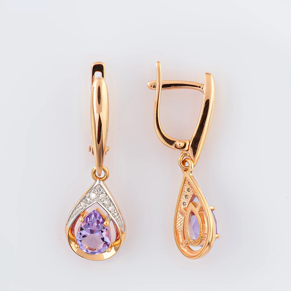 Серьги с аметистом из красного золота 585 пробы