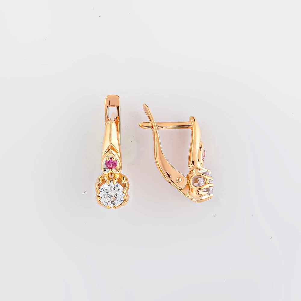 Серьги с фианитом из красного золота 585 пробы