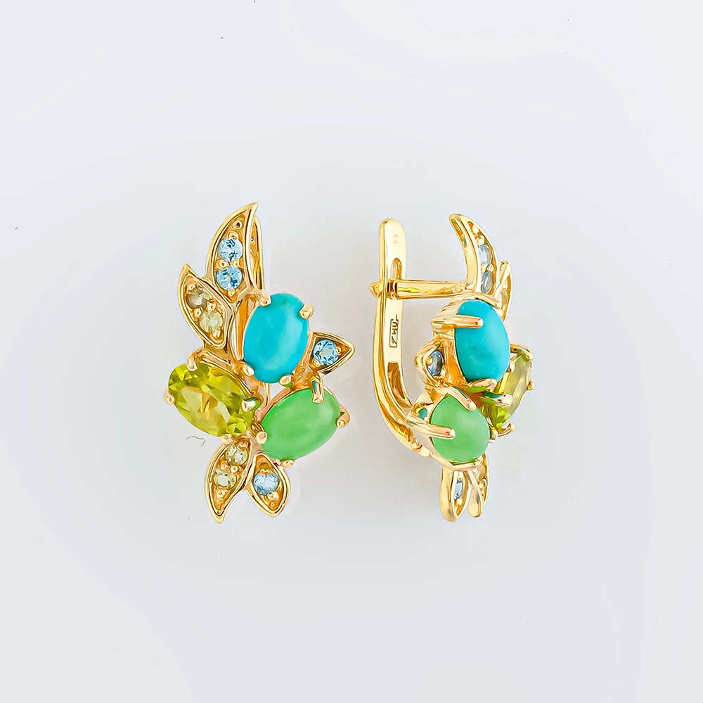 Серьги с хризолитом из желтого золота 585 пробы