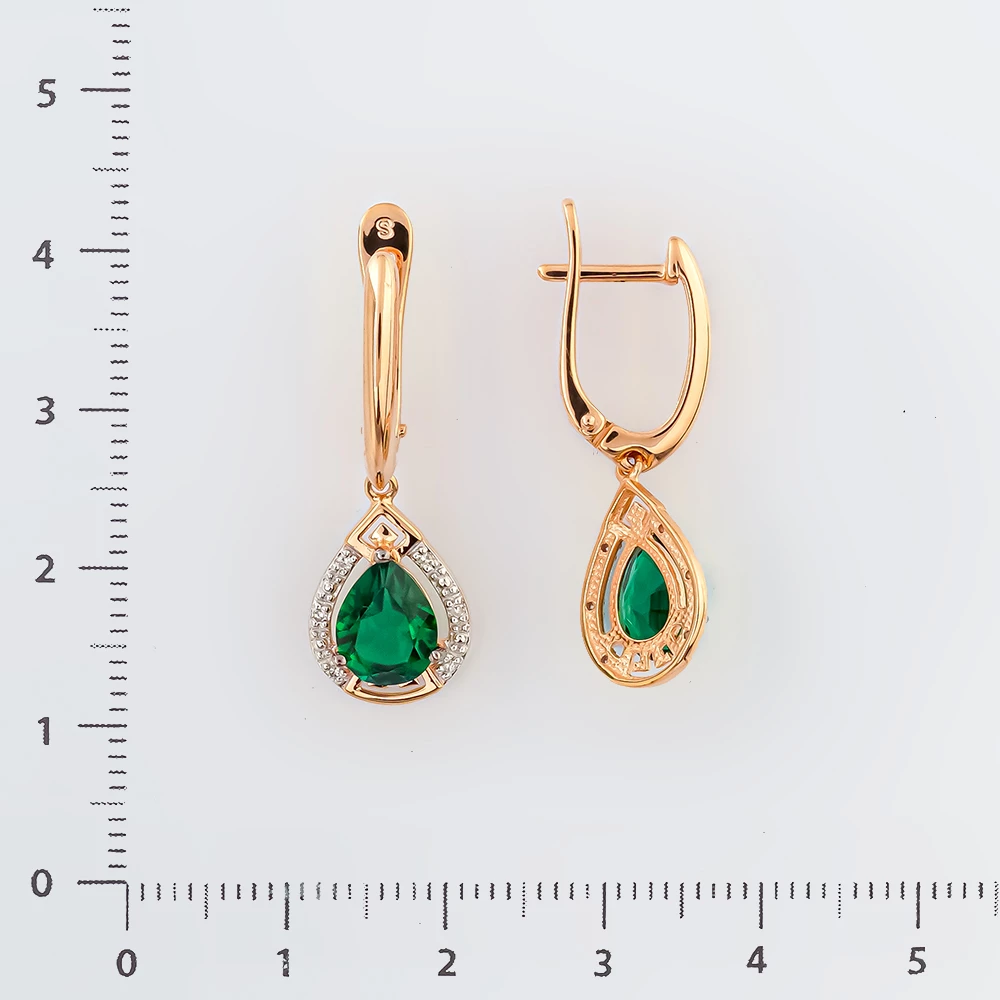 Серьги с изумрудом синтетическим из красного золота 585 пробы