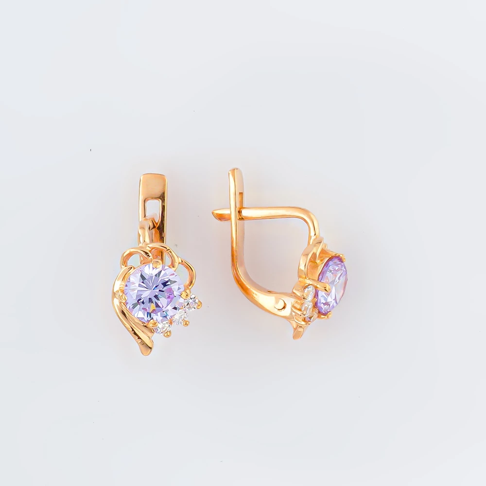 Серьги с фианитом из красного золота 585 пробы