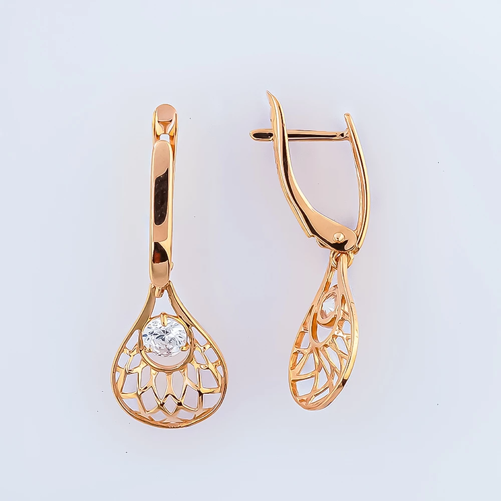 Серьги с фианитом из красного золота 585 пробы