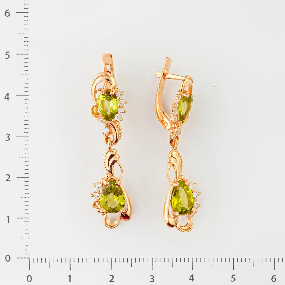 Серьги с хризолитом из красного золота 585 пробы