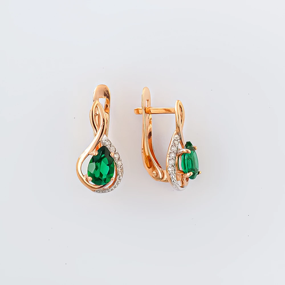 Серьги с изумрудом синтетическим из красного золота 375 пробы
