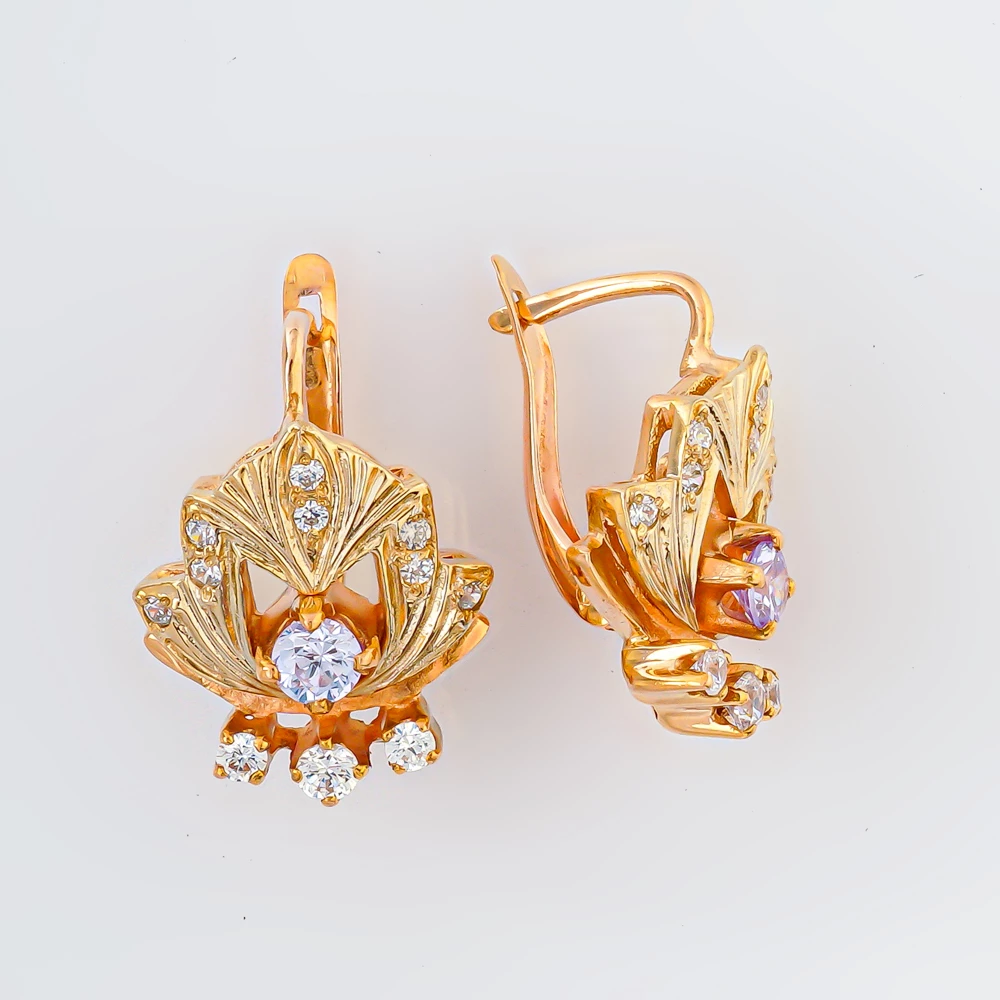 Серьги с фианитом из красного золота 585 пробы