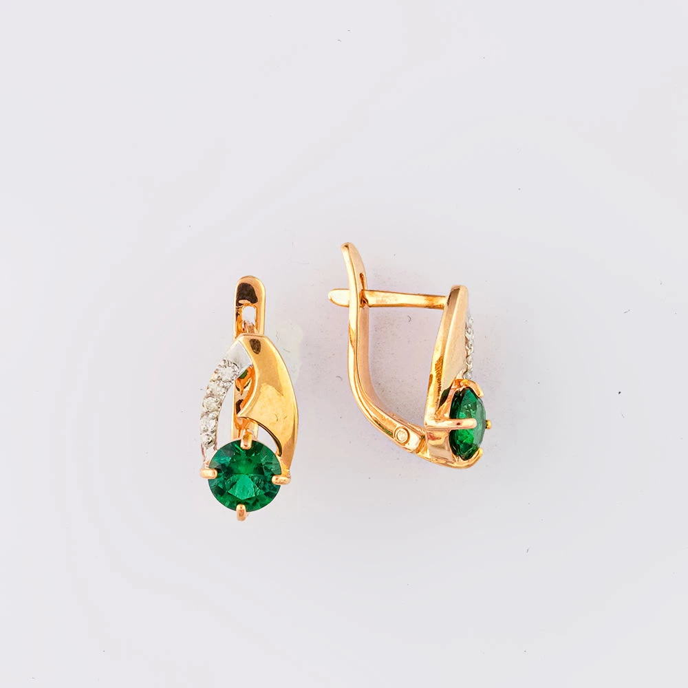 Серьги с изумрудом синтетическим из желтого золота 585 пробы