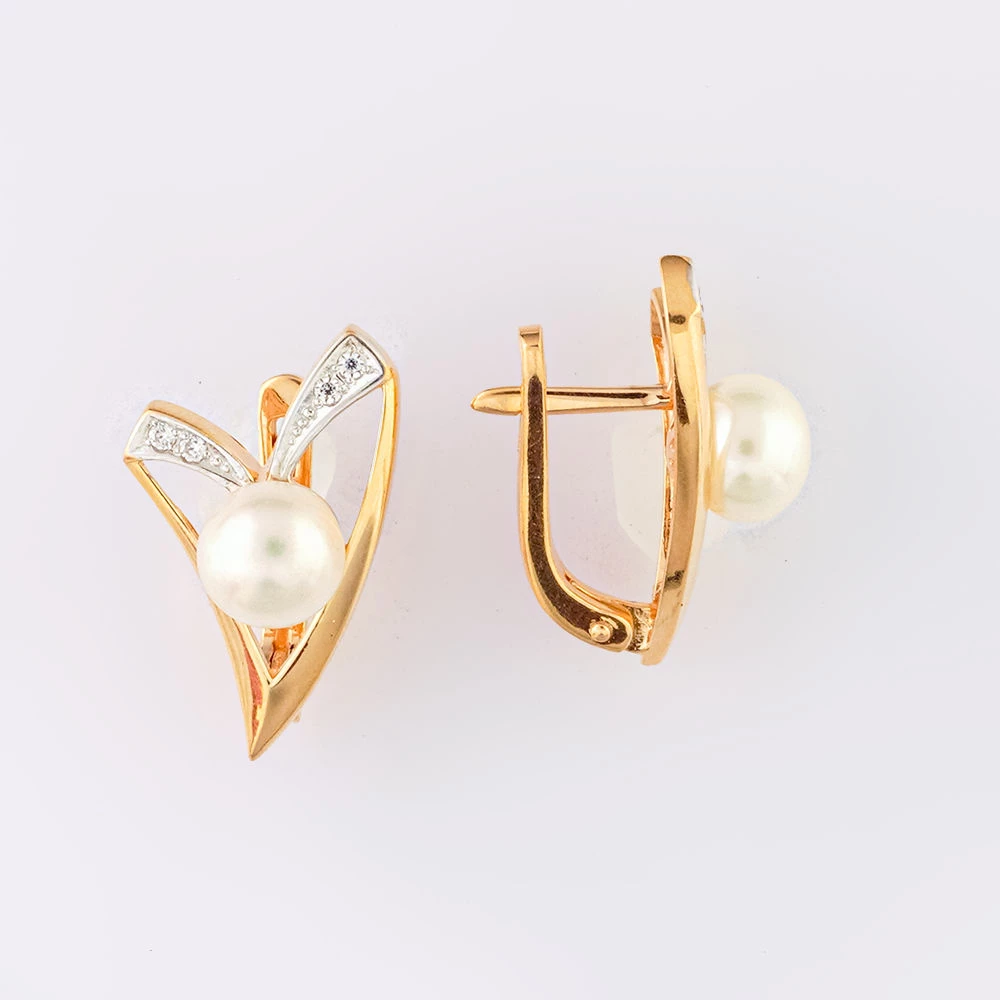 Серьги с культивированным жемчугом из красного золота 585 пробы