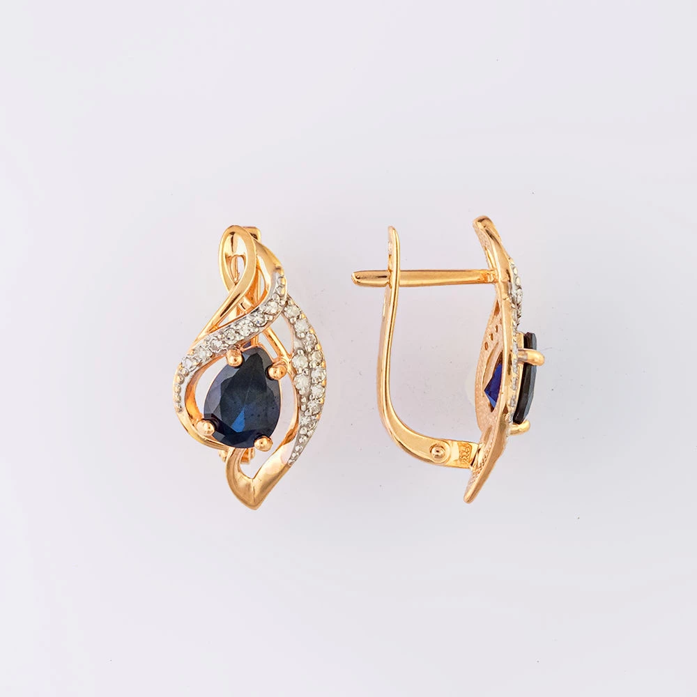 Серьги с сапфиром синтетическим из красного золота 585 пробы