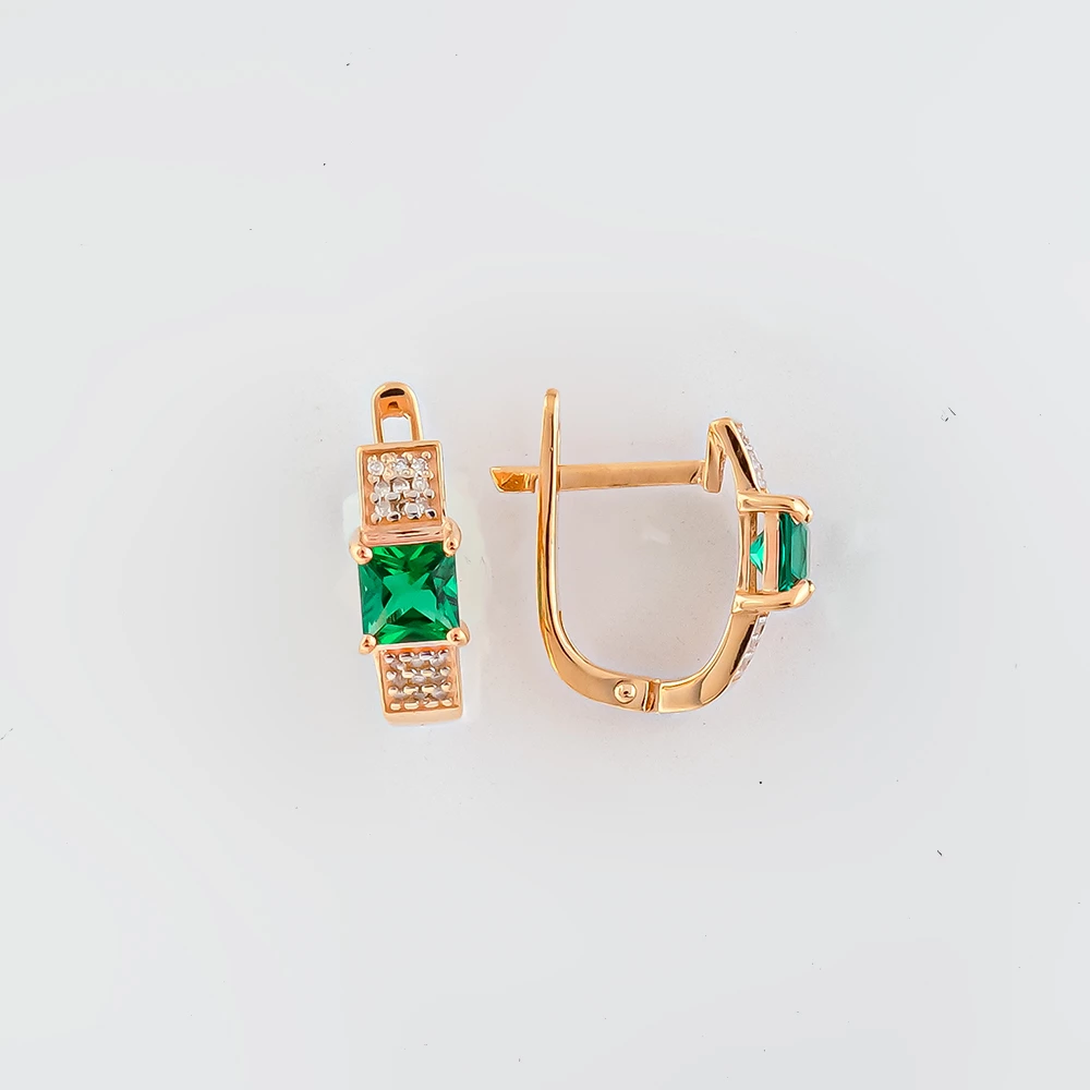 Серьги с изумрудом синтетическим из красного золота 585 пробы