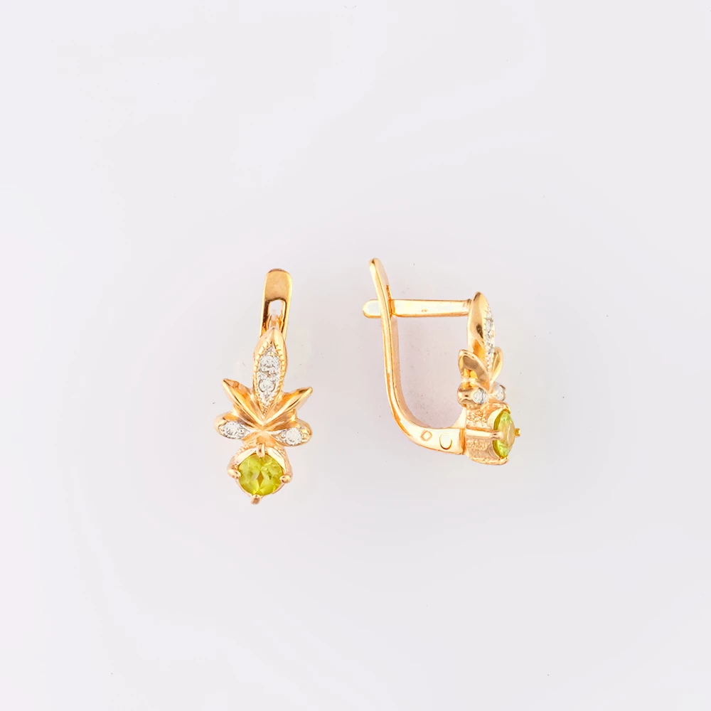 Серьги с хризолитом из красного золота 585 пробы