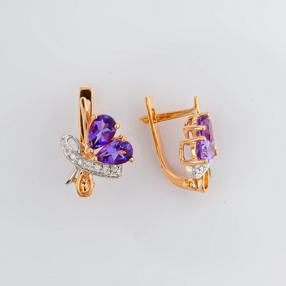 Серьги с аметистом из красного золота 585 пробы
