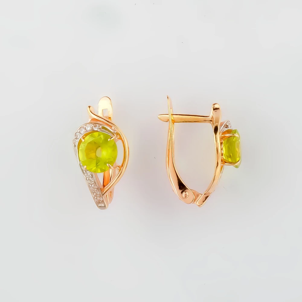 Серьги с хризолитом из красного золота 585 пробы