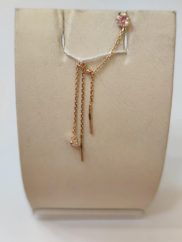 Серьги-продевки с фианитом из красного золота 585 пробы