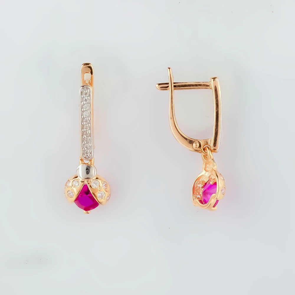 Серьги с фианитом из красного золота 585 пробы