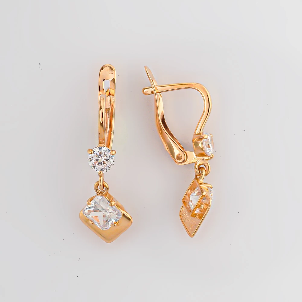 Серьги с фианитом из красного золота 585 пробы