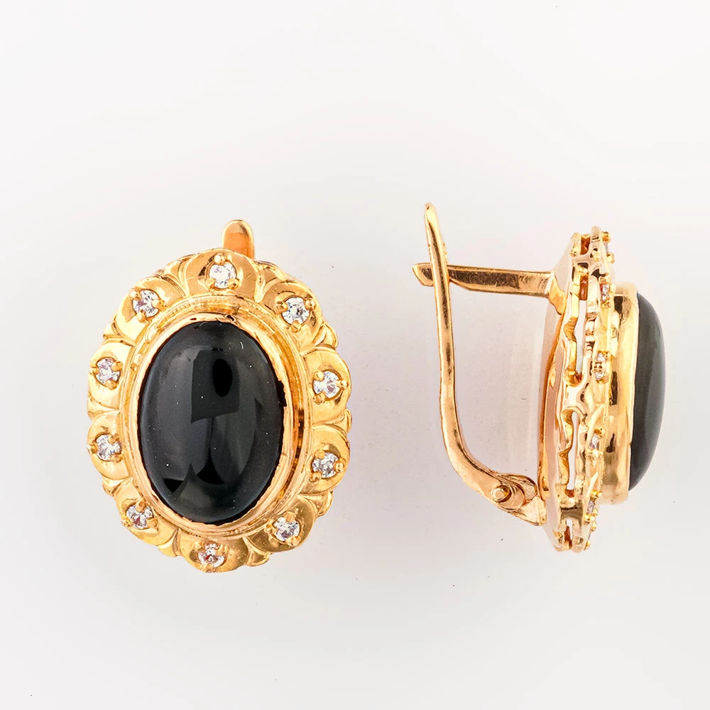 Серьги с ониксом из красного золота 585 пробы