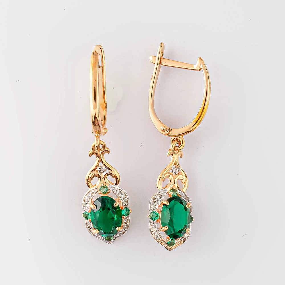 Серьги с изумрудом синтетическим из красного золота 585 пробы