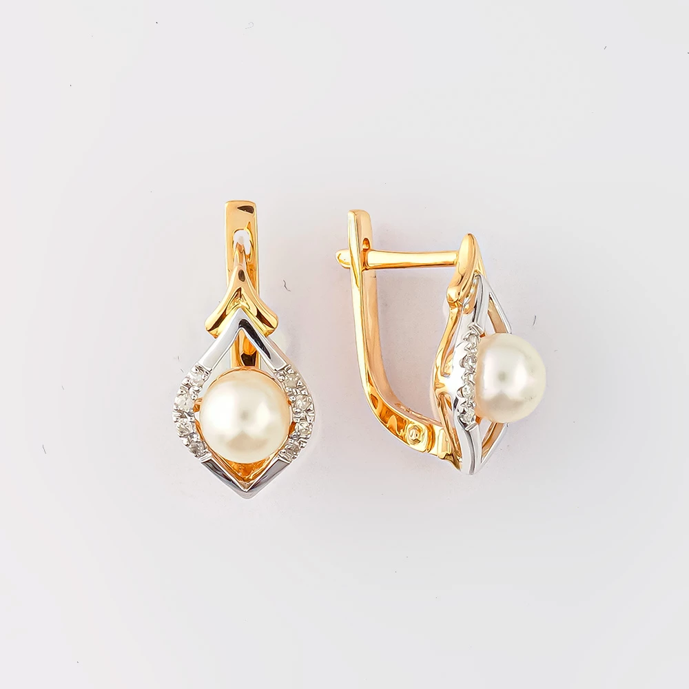 Серьги с культивированным жемчугом из желтого золота 585 пробы