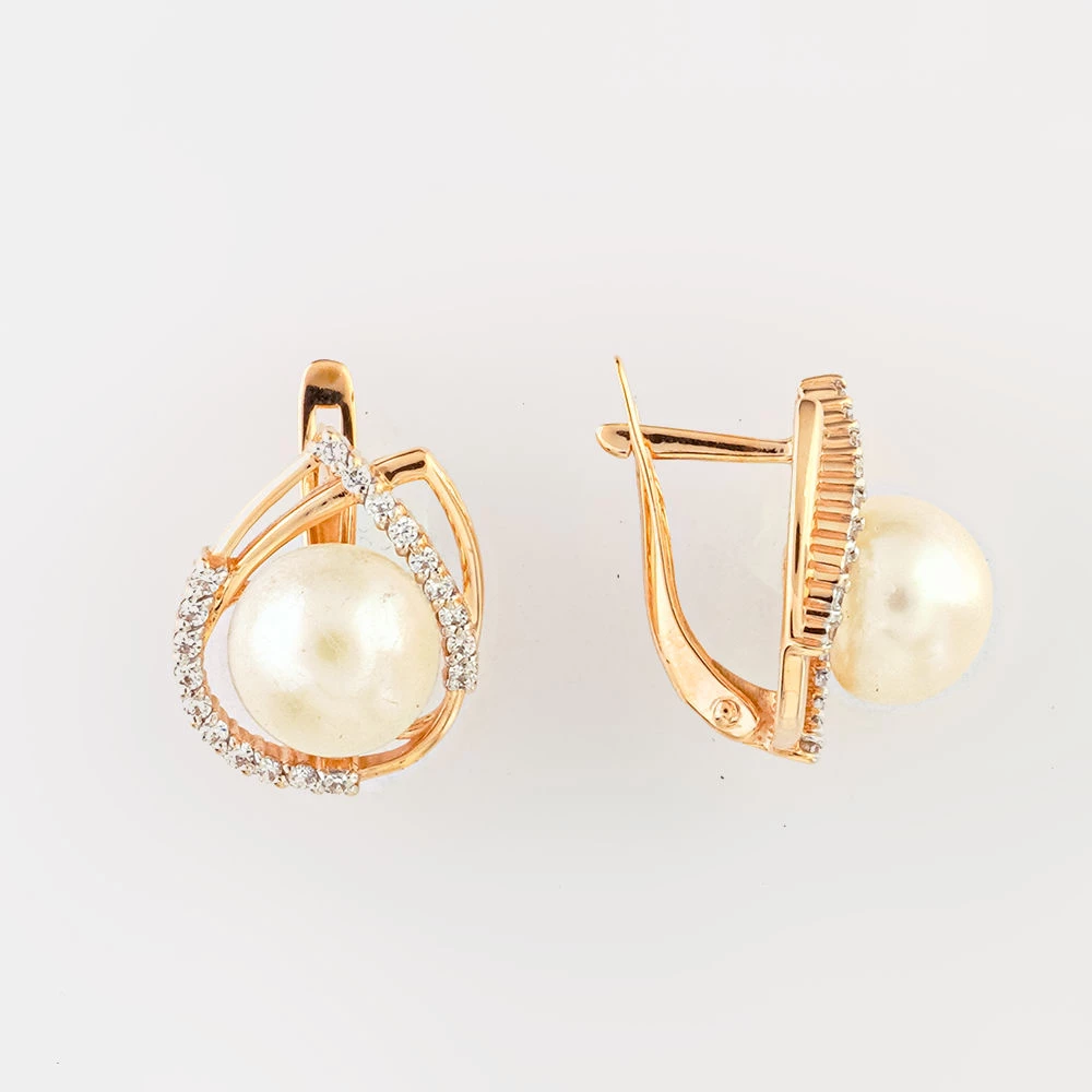 Серьги с культивированным жемчугом из красного золота 585 пробы