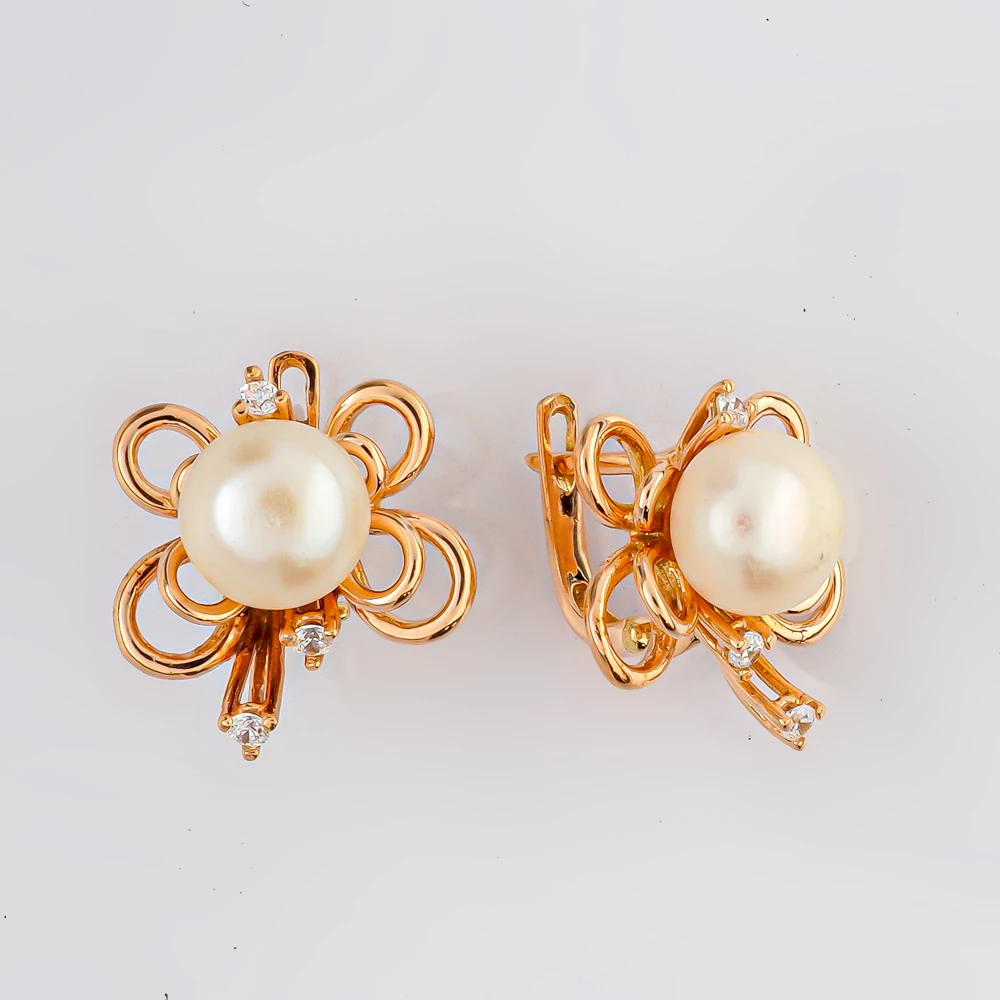 Серьги с культивированным жемчугом из красного золота 585 пробы