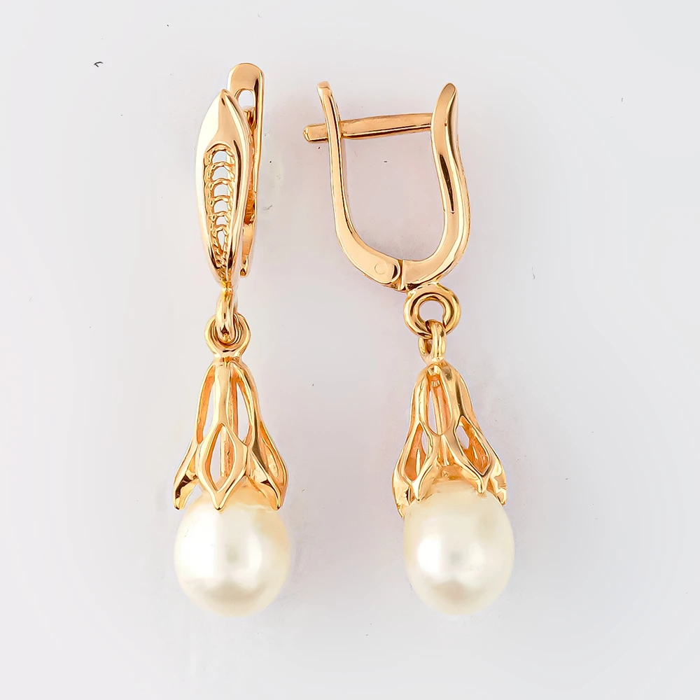 Серьги с культивированным жемчугом из красного золота 585 пробы