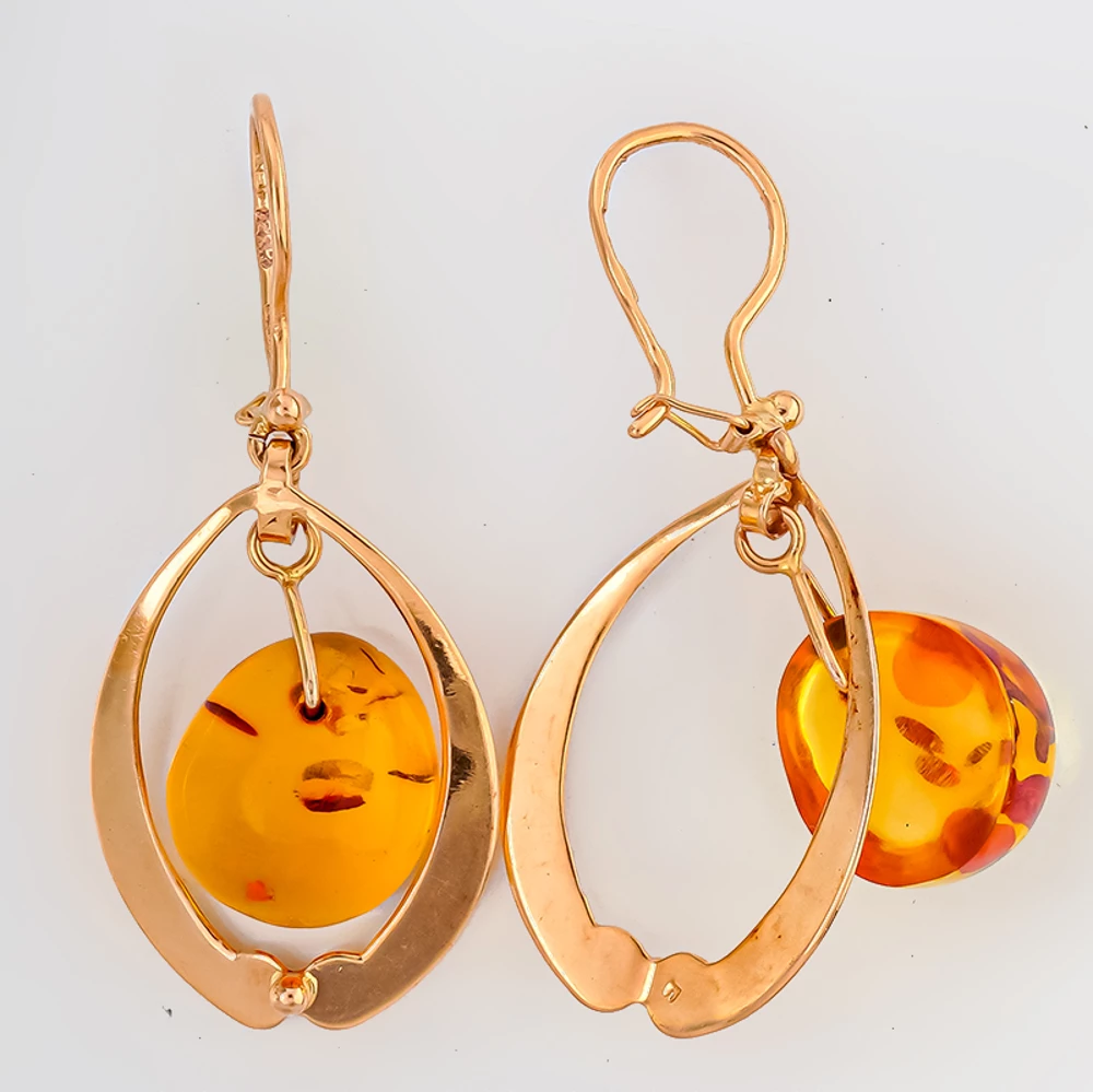 Серьги с янтарем из красного золота 583 пробы
