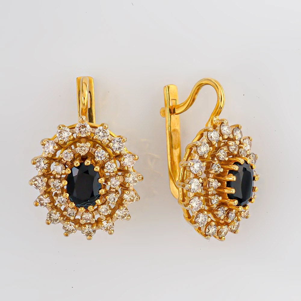 Серьги с сапфиром синтетическим из желтого золота 750 пробы