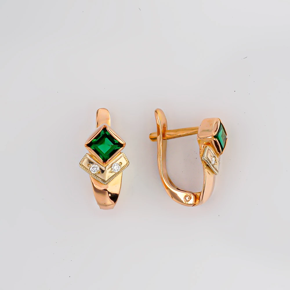 Серьги с изумрудом синтетическим из красного золота 585 пробы