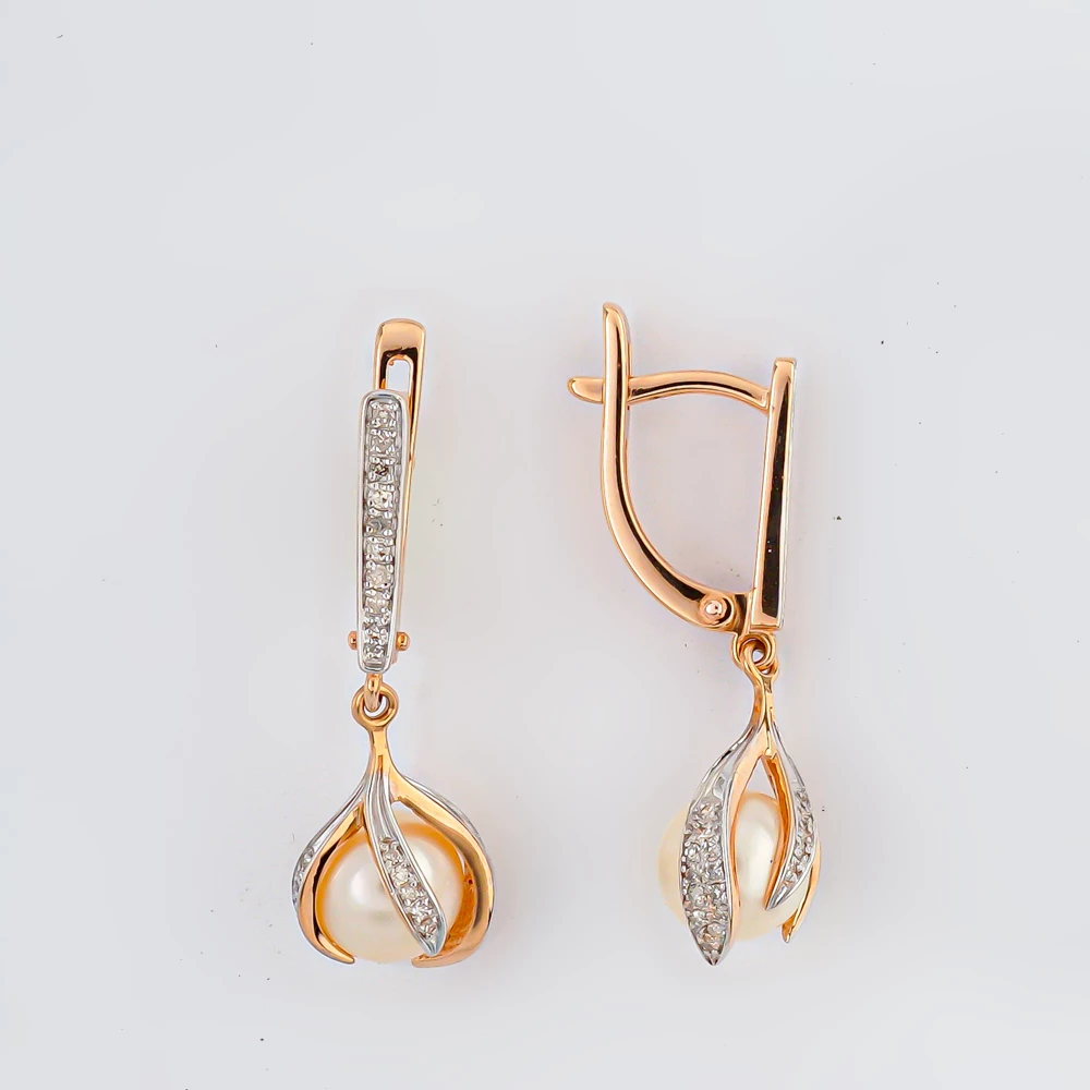 Серьги с культивированным жемчугом из красного золота 585 пробы