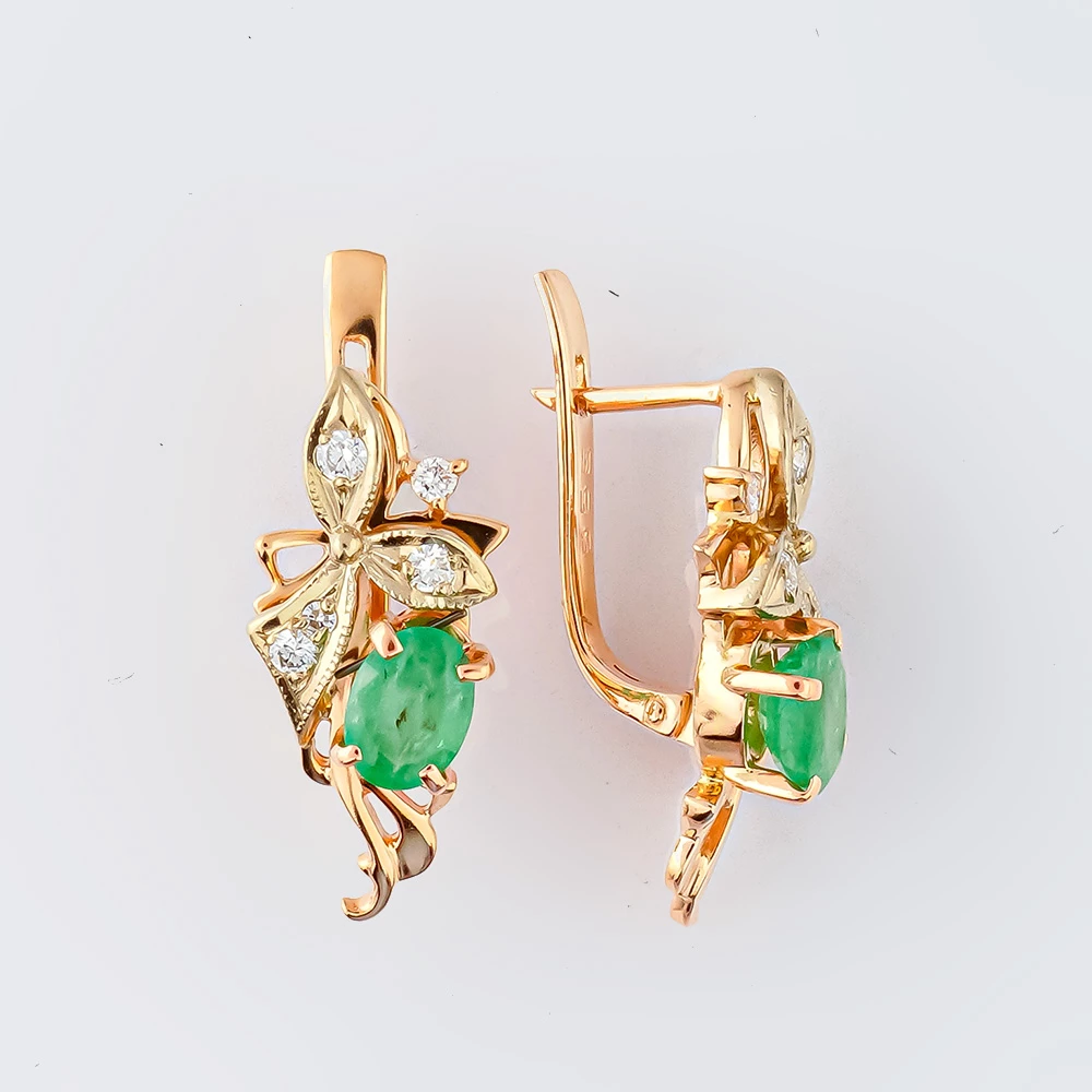 Серьги с изумрудом из красного золота 585 пробы